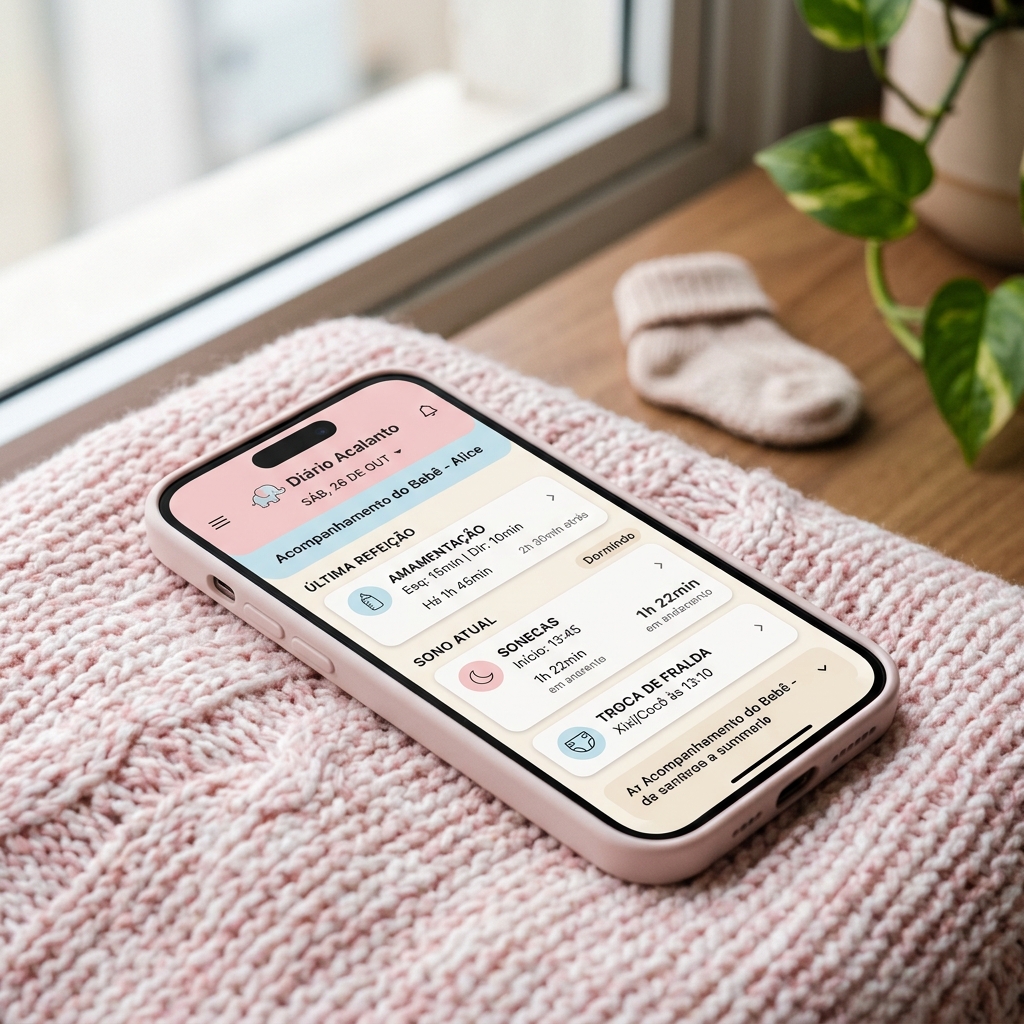 Aplicativo Diário Acalanto exibindo acompanhamento do bebê em um smartphone